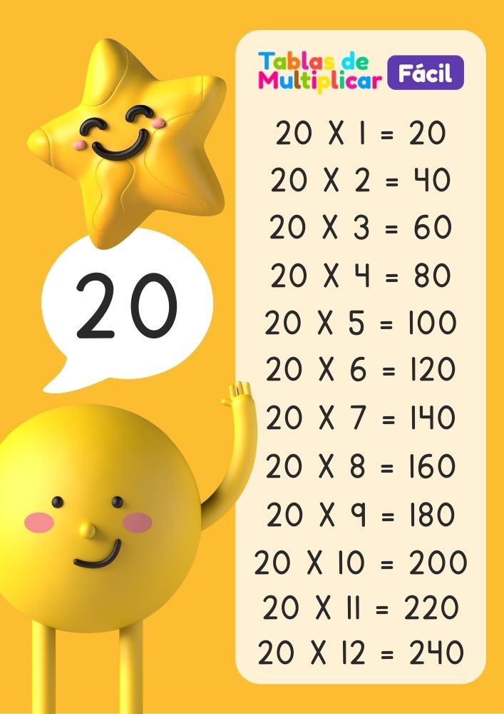 Tabla del 20 para niños, descargar PDF para imprimir